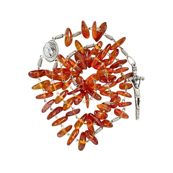 Vintage Amber Catholic Rosary Silver Wire Pocket Prayer Crucifix Jesus Italy - Picture 2 of 6